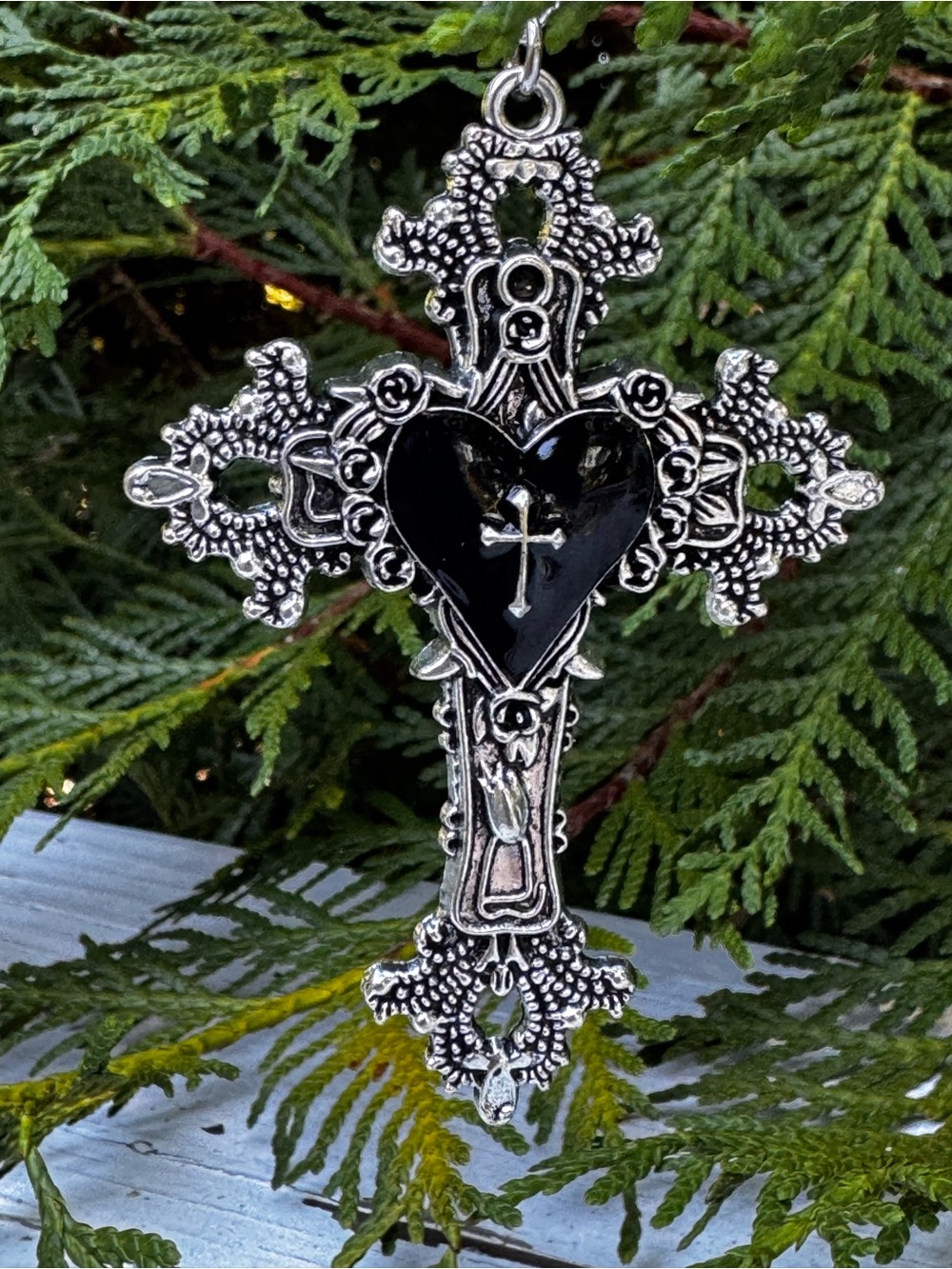 Gothic Silver Heart Cross Pendant Necklace,  cross 3” x 2” chain 18”-20”